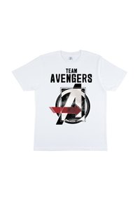 Biała bawełniana koszulka z napisem "TEAM AVENGERS" w czerni, z czerwonymi i czarnymi akcentami graficznymi oraz okrągłym wzorem logo.