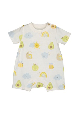 Kombinezon z krótkim rękawem wykonany z lekkiego materiału, ozdobiony różnorodnymi pastelowymi wzorami słońca, chmur, awokado, pszczół i tęcz na kremowym tle.