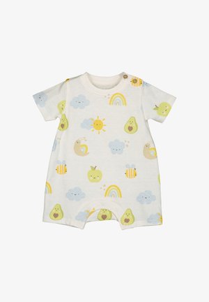 Kurzärmliger Overall aus leichtem Stoff mit verschiedenen Pastellmotiven von Sonne, Wolken, Avocados, Bienen und Regenbögen auf cremefarbenem Hintergrund.
