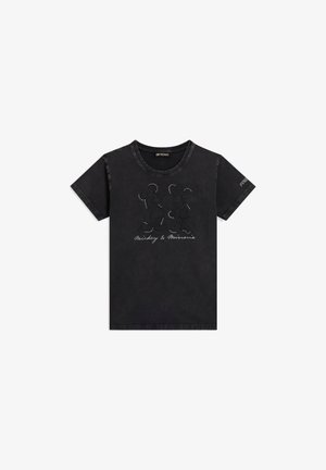 T-shirt en coton noir avec un col rond, présentant un design en relief de Mickey et Minnie avec des strass et le texte "Mickey & Minnie".