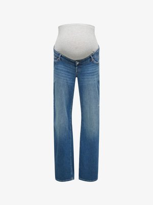 Kék kismama farmer széles szárakkal és szürke rugalmas anyagpanelekkel a deréknál a pocak támogatására.