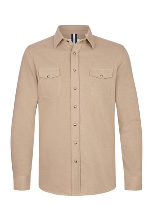 Beige lange mouw shirt met een knoopsluiting aan de voorkant, twee borstzakken, drukknoopjes en een kraag; gemaakt van gestructureerde stof.