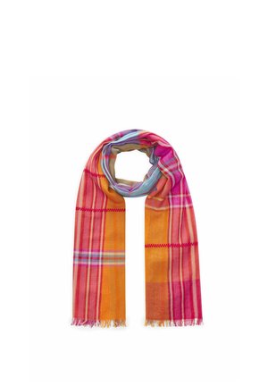 Long lightweight scarf with orange, pink, red, and blue plaid pattern, neatly folded with fringed ends on a white background.