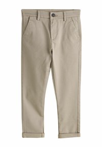 Bézs színű pamut chinos egyenes szabású nadrággal, elülső zsebekkel, gombos rögzítéssel és felhajtott szegélyekkel a nadrág szárán.