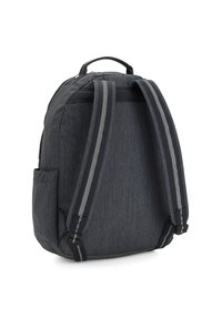 Dark gray fabric backpack with a structured shape, featuring two padded shoulder straps and a side pocket. Stripes accent the straps.