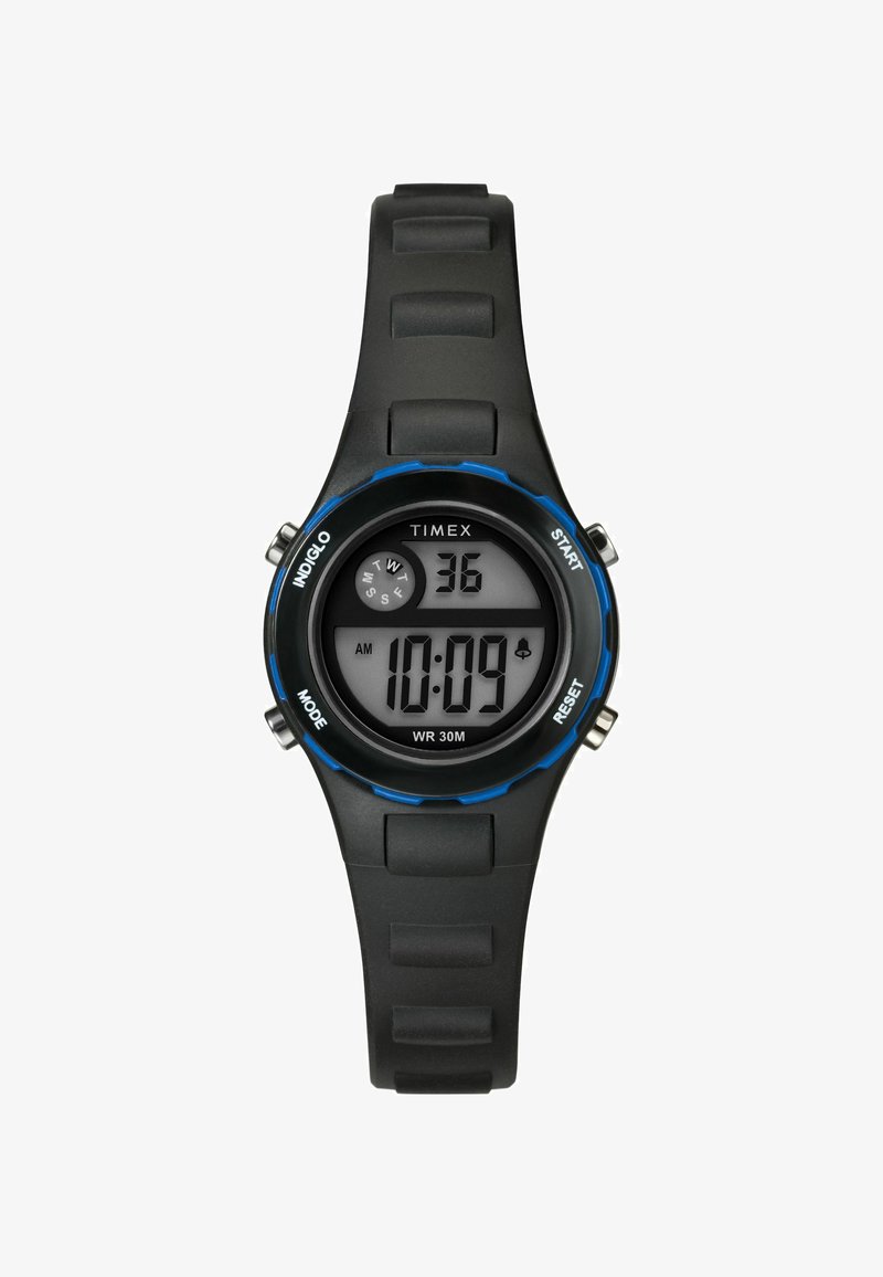 Digitalur med sort gummirem og en rund sort bezel. Har et blåt accent omkring urets ansigt, som viser tid og dato. Vandafvisende op til 30 m.