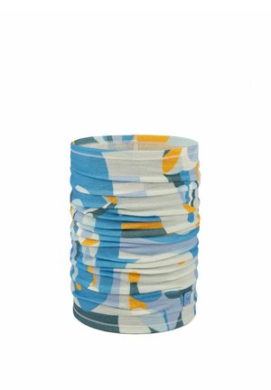 Braga de cuello de tela multicolor con patrones abstractos en azul, naranja, blanco y gris, mostrada plana con costuras visibles.