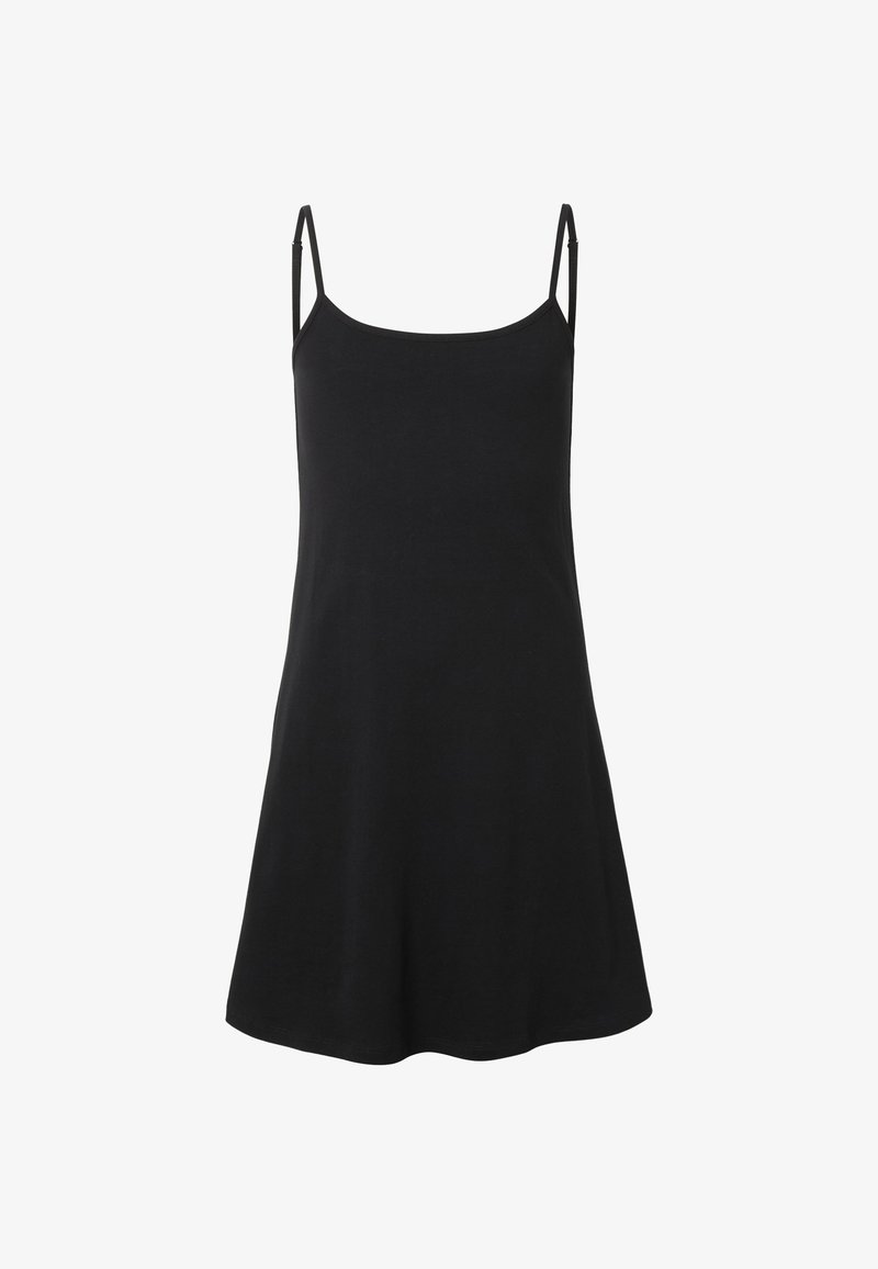 Robe noire sans manches en ligne A avec fines bretelles spaghetti réglables et encolure dégagée sur fond blanc.