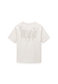 Cream-colored cotton t-shirt with short sleeves, featuring a large, stylized "Napapijri" logo printed in light gray on the back.