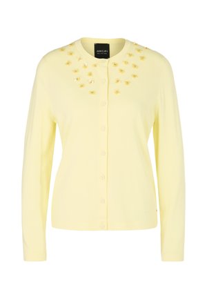 Yellow cardigan with long sleeves, round neckline, and button front. Features textured embellishments on the shoulders for added detail.