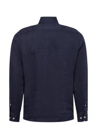 Marineblaue langärmelige Hemd aus atmungsaktivem Material. Strukturierter Kragen, knöpfbare Manschetten und ein glatter, strukturierter Finish mit einem geraden Saum.