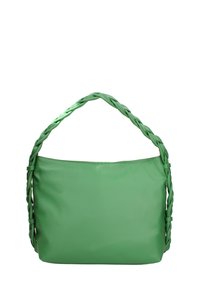 Sac à main en cuir vert avec une sangle tressée, présentant une finition lisse et un design spacieux et non structuré. Aucun détail matériel visible.