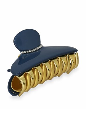 Dunkelblauer Haarklammer mit glänzender Oberfläche, ausgestattet mit einem goldfarbenen Verschluss und dekorativen Strasssteinen entlang der oberen Kante.