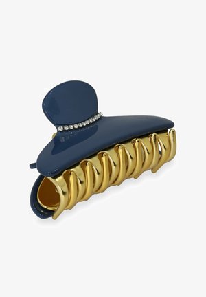 Navy blauwe haarclip met een glanzende afwerking, voorzien van een goudkleurige sluiting en decoratieve strasssteentjes langs de bovenrand.