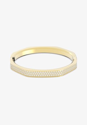 Bracciale rigido color oro con forma ottagonale, caratterizzato da una fila di cristalli trasparenti lungo un lato per un tocco di dettaglio in più.