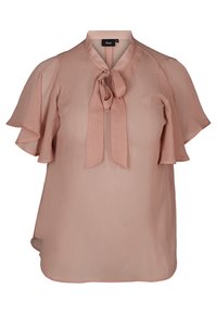 Blouse rose clair avec des manches courtes à volants et un col à nouer. Fabriquée dans un tissu transparent et texturé avec une coupe ample.
