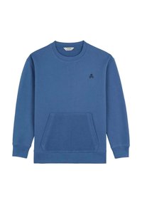 Felpa blu con scollatura rotonda, maniche lunghe, tasca frontale e un piccolo logo a forma di teschio sul petto. Materiale in misto cotone, texture liscia.