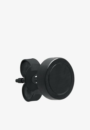 Zwarte magnetische telefoonhouder met een ronde voorkant en vlindervormige achterclip voor montage op de ventilatieroosters van de auto.