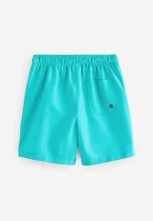 Türkisblaue Badehorts mit elastischem Bund, einer einzelnen Gesäßtasche und glattem, leichtem Stoff. Einfaches, einfarbiges Design.