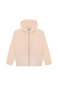 Felpa con zip beige dotata di tasca frontale e cappuccio regolabile con cordino. Presenta un logo discreto sul lato sinistro. Tessuto morbido con una texture liscia.