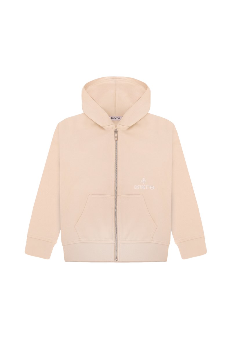 Felpa con zip beige dotata di tasca frontale e cappuccio regolabile con cordino. Presenta un logo discreto sul lato sinistro. Tessuto morbido con una texture liscia.