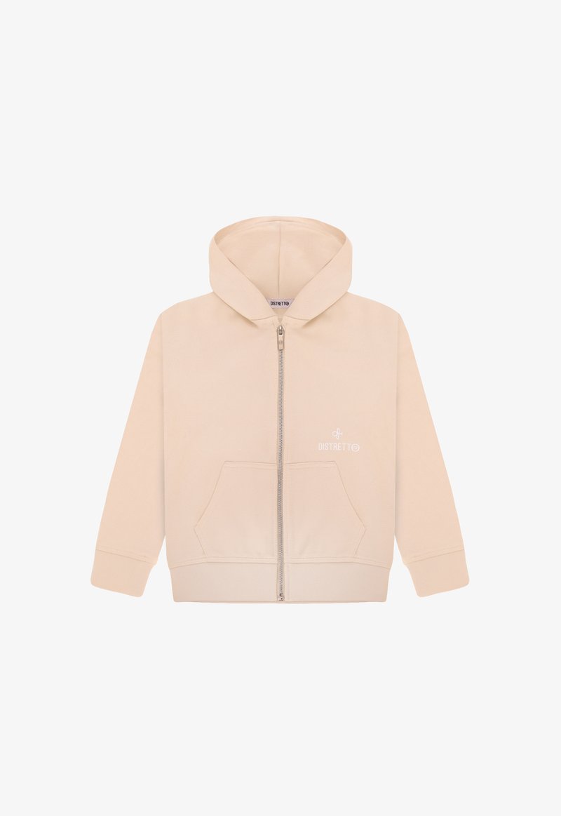 Felpa con zip beige dotata di tasca frontale e cappuccio regolabile con cordino. Presenta un logo discreto sul lato sinistro. Tessuto morbido con una texture liscia.