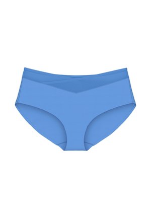 Blauwe naadloze hipsteronderbroek voor vrouwen met een transparant mesh driehoekig inzetstuk aan de tailleband, tegen een witte achtergrond.