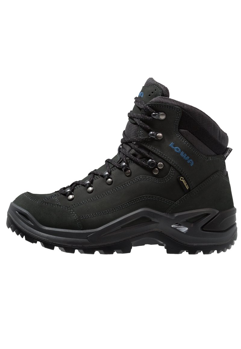 Botas de senderismo de color gris oscuro que cuentan con material de ante y textil, soporte alto para el tobillo, ojales de metal y una suela de goma resistente con un patrón de tracción.