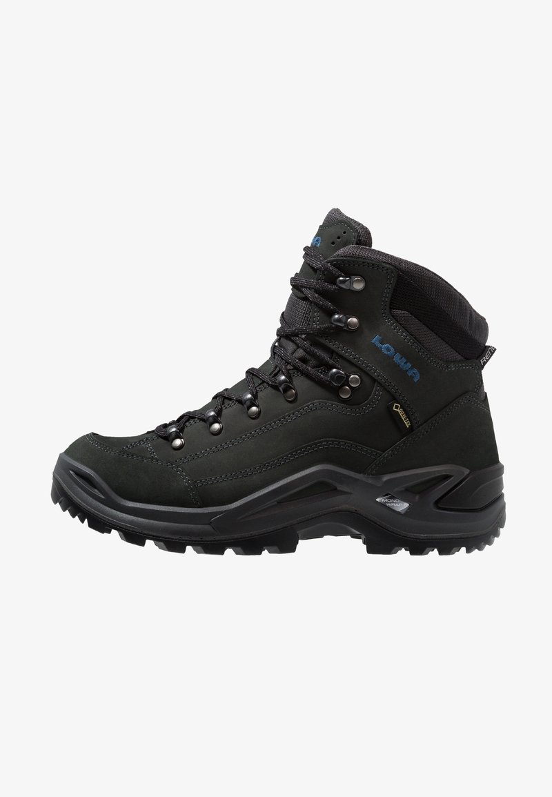 Dunkelgrauer Wanderschuh aus Wildleder und Textilmaterial, mit hohem Knöcheschutz, Metallösen und einer robusten Gummisohle mit Profil.