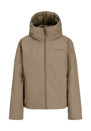 Giacca con cappuccio color taupe con cerniera frontale e tasche laterali con zip, con piccolo logo testuale sul petto superiore.