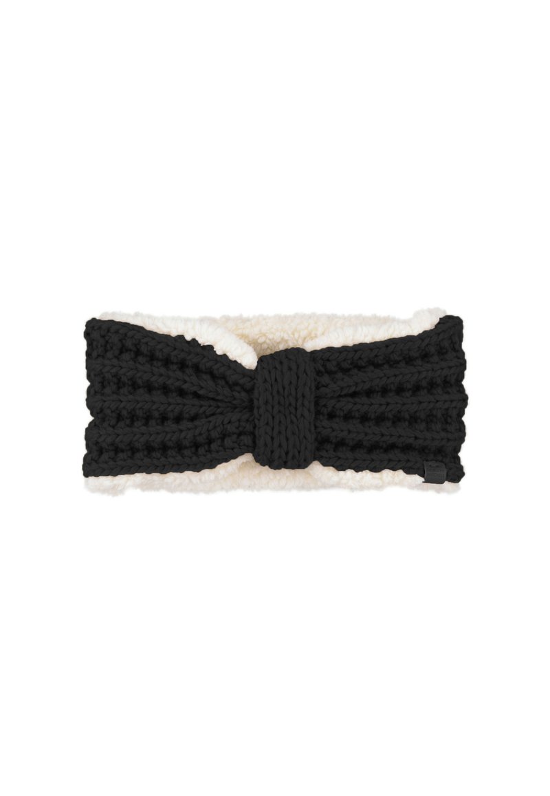 Czarna dziana opaska na głowę z motywem kokardy; posiada miękką, kremową podszewkę z polaru dla dodatkowego ciepła i komfortu. Teksturowany materiał, przytulny styl.