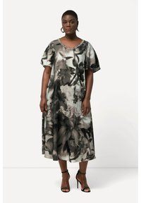 Blumenkleid Midi in Grau- und Schwarztönen, mit einem V-Ausschnitt, der mit Perlen verziert ist, und kurzen, schwingenden Ärmeln.