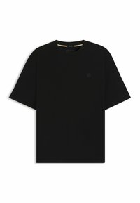 Zwarte T-shirt van katoen met een ronde hals. Voorzien van korte mouwen en een subtiele reliëflogo op de borst. Schoon, minimalistisch ontwerp.