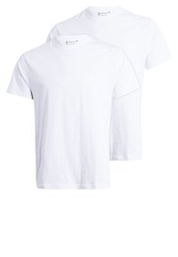 Two plain white crew neck t-shirts made of cotton. Short sleeves, regular fit, with a smooth texture and no visible patterns or accents.