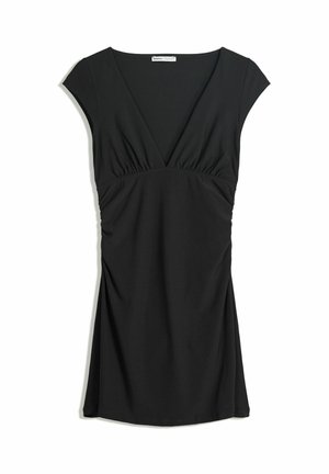 Black dress with a plunging V-neck, short cap sleeves, gathered detailing at the waist, and a flowing A-line skirt silhouette.