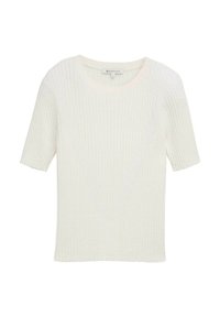 Geribbelde gebreide korte mouwen trui in off-white, met een V-vormig ontwerp aan de voorkant. Zachte textuur met een subtiele glans.