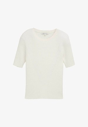 Gestreifter kurzärmeliger Pullover in Off-White mit v-förmigem Design auf der Vorderseite. Weiche Textur mit einem dezenten Glanz.