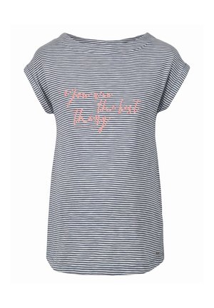 Koszula w szaro-białe paski z krótkim rękawem, podwiniętymi rękawami i różowym tekstem pisanym, na którym z przodu widnieje "You are the best thing".
