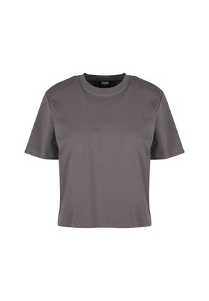 Šedé tričko s krátkým rukávem, vyrobené z hladkého materiálu, s kulatým výstřihem a volným střihem. Jednoduchý design, bez vzorů nebo viditelných akcentů.