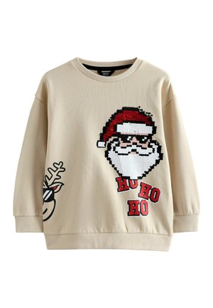 Beiges Sweatshirt mit einem pixelartig gestalteten Weihnachtsmann mit Sonnenbrille, dem Text "HU HO HO" und einem coolen Rentier-Graphic auf dem Ärmel.