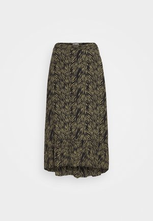 Midi-rok met olijfgroene en zwarte zebraprint, elastische tailleband en een uitlopende zoom tegen een witte achtergrond.