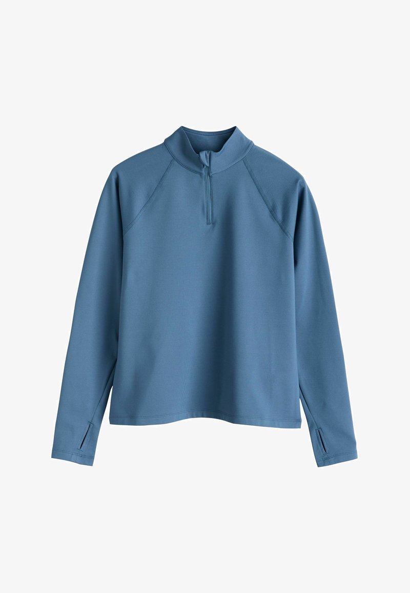 Pull léger bleu clair à manches longues avec un col à demi-fermeture éclair, fabriqué en tissu lisse. Comprend des manches raglan et des fentes latérales à l'ourlet.