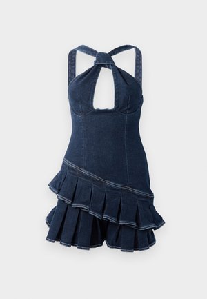 Abito in denim con scollo a chiave, corpino aderente e orlo a balze svasato. Tessuto blu scuro con dettagli di cucitura visibili.