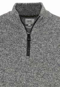 Grauer Pullover aus Wolle-Mix mit einem halben Reißverschlusskragen. Verfügt über eine gesprenkelte Textur und einen schwarzen Reißverschluss. Das Etikett innen zeigt Größe M an.