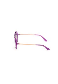 Occhiali da sole viola con montatura trasparente e braccia beige, dotati di lenti arrotondate e texture liscia e lucida.