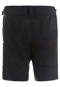 Svarta vandringsshorts med en slät textur, utrustad med elastisk midja, sidfickor och minimalistisk sömnad. Logotypen visas på baksidan.