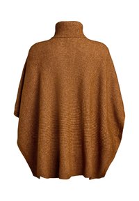 Brązowy dziany poncz z wysokim, złożonym kołnierzem. Posiada luźną, zwiewną sylwetkę oraz teksturowany prążkowany wzór na całej powierzchni.