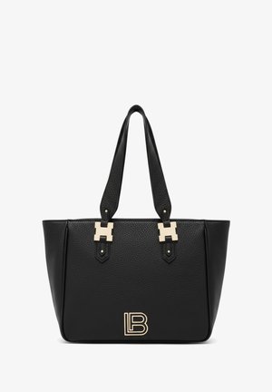 Borsa tote in pelle nera con finitura testurizzata, dettagli in metallo dorato, doppi manici e logo "LB" impresso sul davanti.