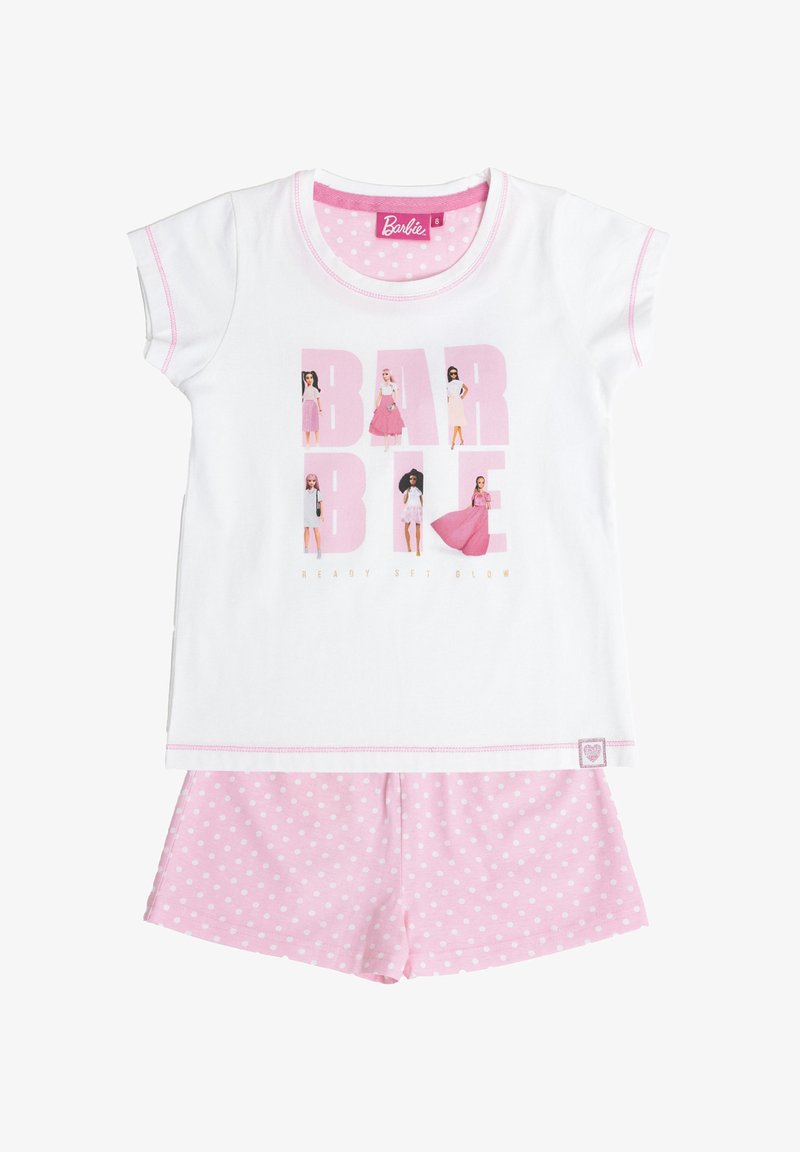 Camisa blanca de manga corta con letras rosa de Barbie que presenta muñecas y el texto "Ready Set Glow", combinada con pantalones cortos rosa con lunares.