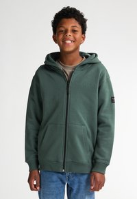 Donkergroene ritshoodie van zacht materiaal, met een gevoerde capuchon, voorzakken en een klein logo op de borst en mouw.